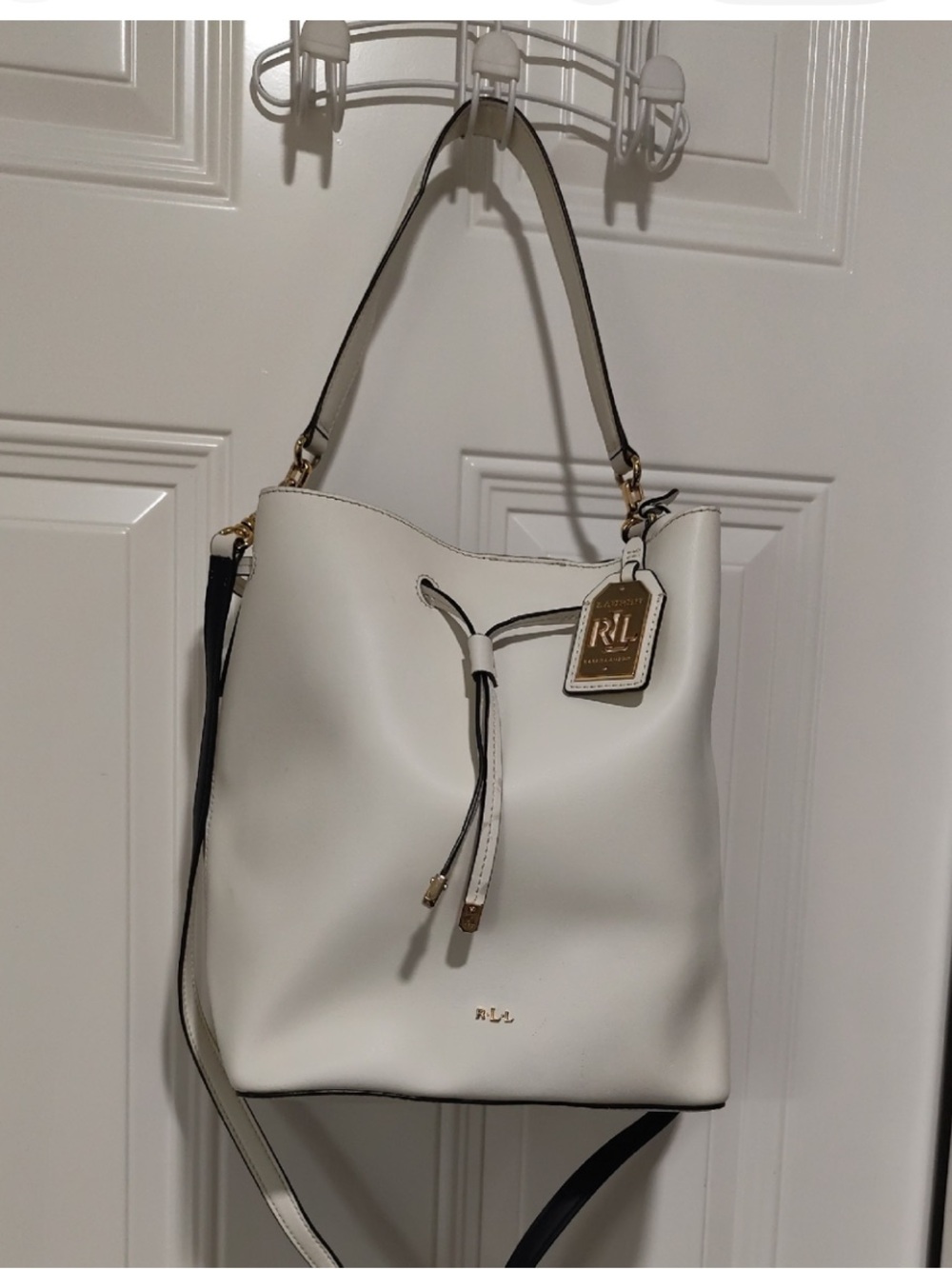 Lauren Ralph Lauren Cream Drawstring Bucket Shoulder Bag with Gold Hardware